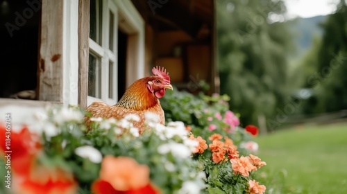 A colorful chicken stands out amidst vibrant flowers near a rustic farmhouse window, representing the idyllic charm and pastoral beauty found in farm life environments. photo