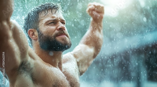 A muscular man stands triumphantly under a refreshing rain shower, showcasing strength and resilience while water cascades around him, creating an inspiring moment of empowerment.