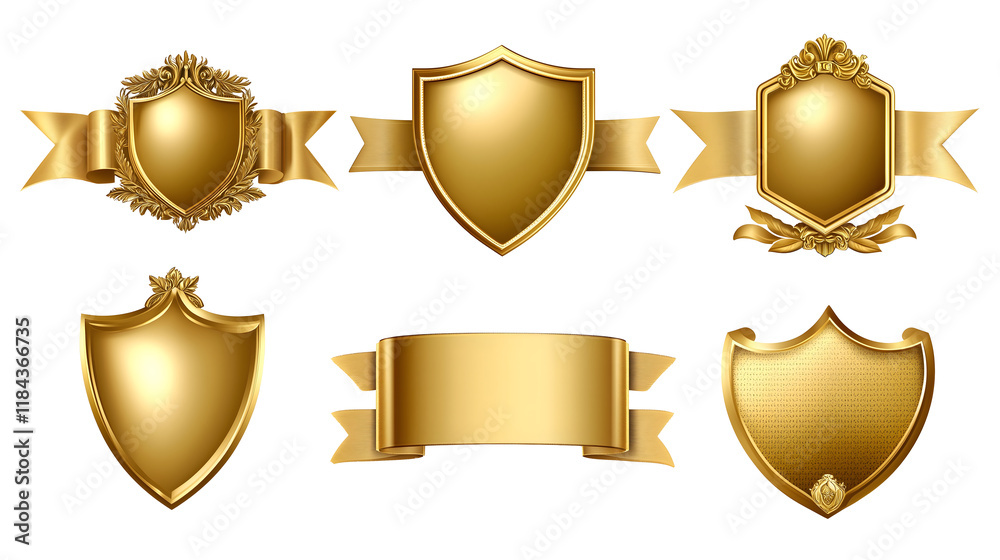 set of golden shields and banners isolated png transparent background
