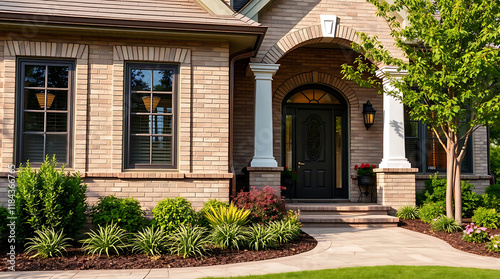 Fototapeta Naklejka Na Ścianę i Meble -  Brick Home Exterior with Landscaped Entrance