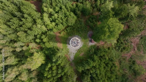 Aerial view of lush forest with a scenic watch tower on Hradistsky Vrch, Kaplice, Czech Republic. photo