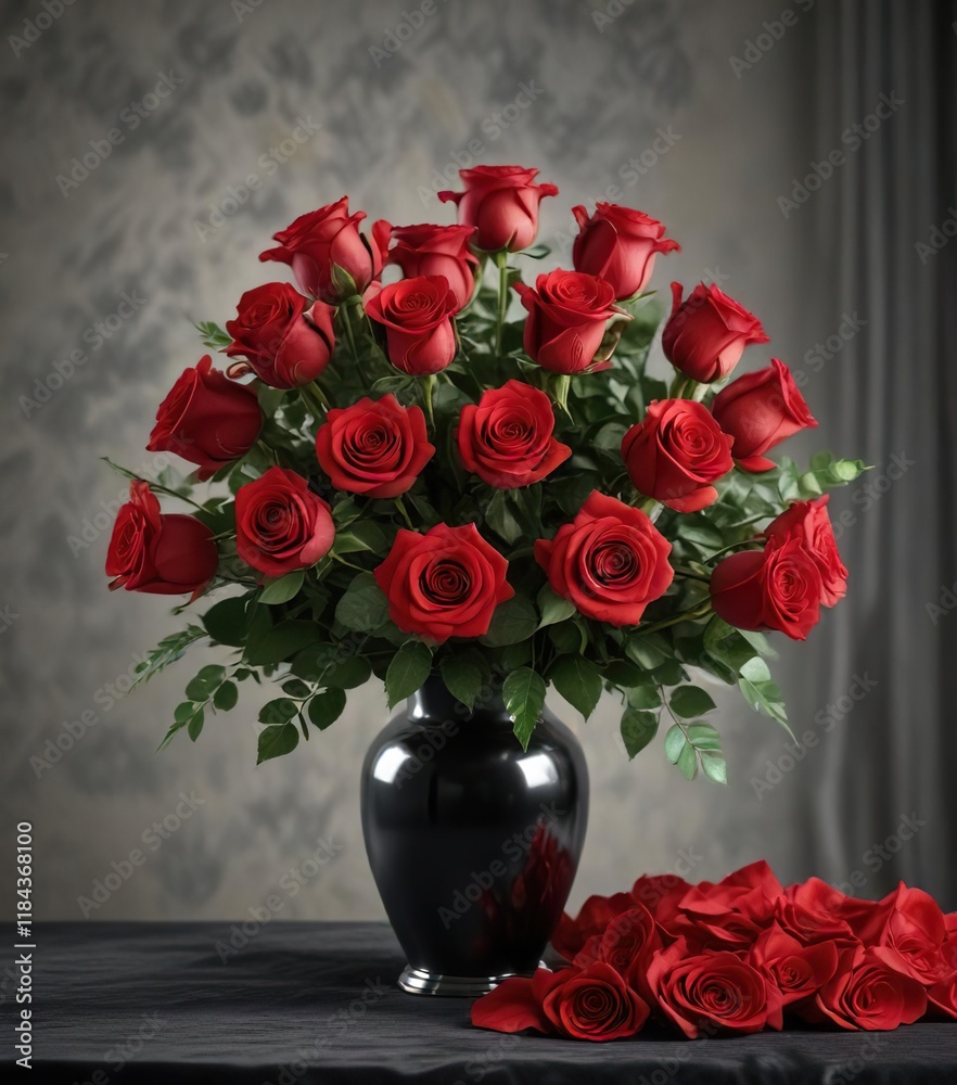 Fototapeta premium Bouquet of red roses in a vase on a velvet background , elegant, flower arrangement, bouquet