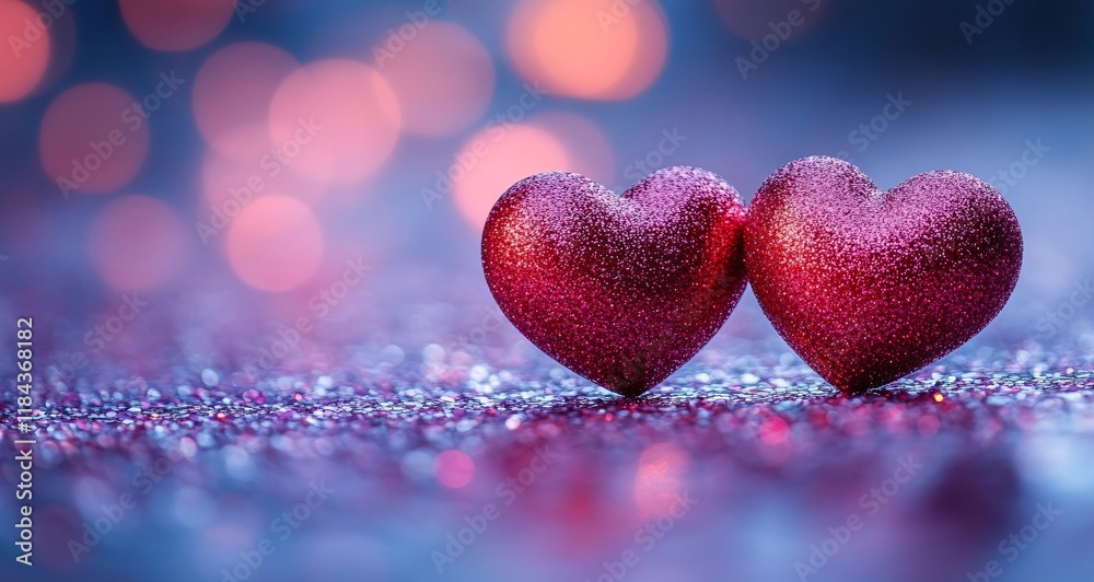 Obraz premium Two red hearts on a purple and pink glittery background Valentine's Day