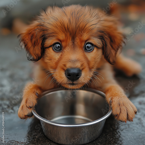 A dog sitting patiently by its food bowl, the expression of hunger on its face turning to happiness as feeding time approaches photo