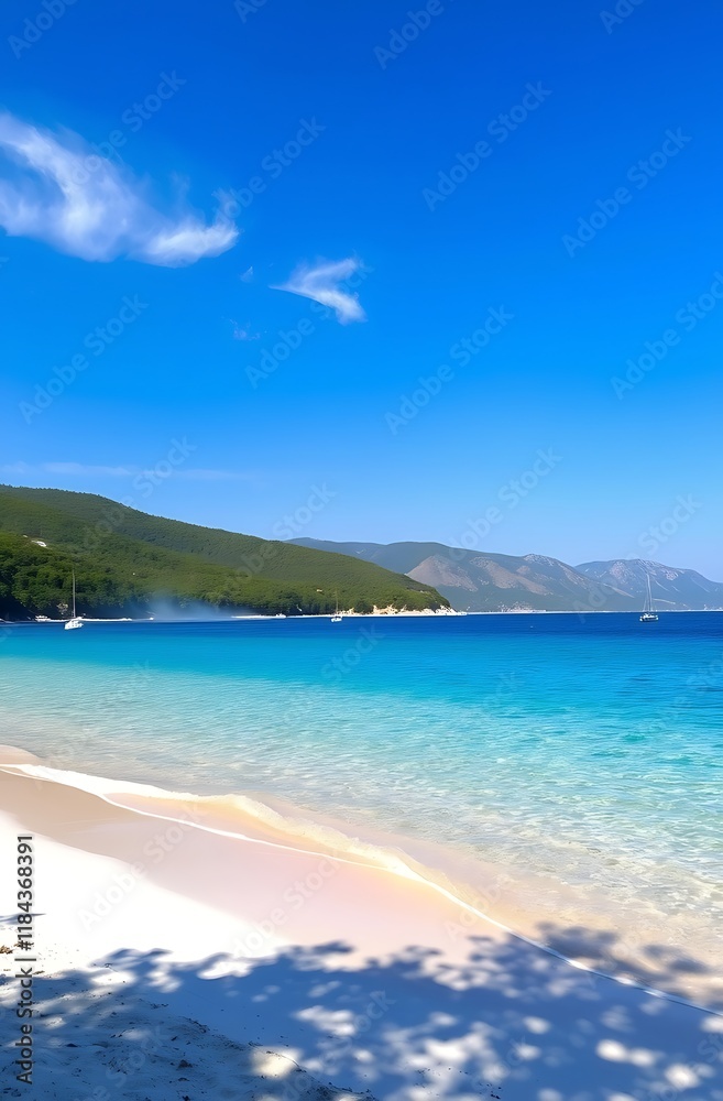 Idyllic beach with turquoise water and white sand. Idyllic beach with turquoise water and white sand.