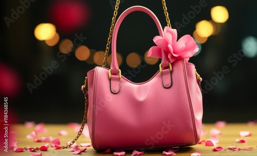 Pink leather handbag, golden chain strap, luxury accessory, bokeh background, warm lighting, soft focus, product photography, fashion still life, vibrant colors, shallow depth of field, glamorous, fem