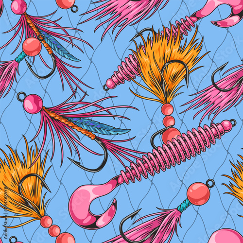Colorful fishing lures on a blue background