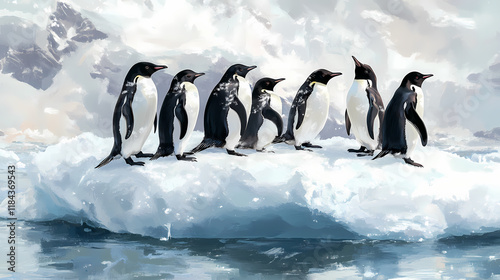 Penguins together on a soft ice floe display unity and cooperation in challenging environments. Frostleaf. Illustration