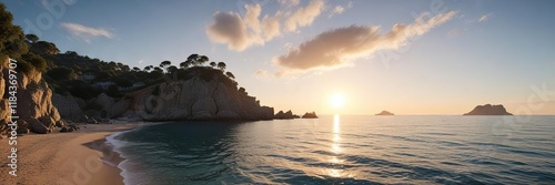 The morning light illuminating the sea and sky in Cala Canyet, beach scene, cala canyet