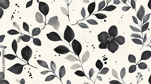 Primitive floral black, white and grey endless texture. stylized black flowers and grey leaves on white background. retro frostily natural printable seamless pattern. Frostleaf. Illustration photo