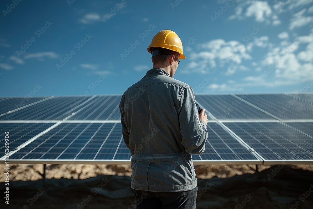 A renewable energy engineer inspecting solar panels in a vast desert solar farm under a clear blue sky,copy space background A renewable energy engineer inspecting solar panels in a vast desert solar farm under a clear blue sky,copy space background