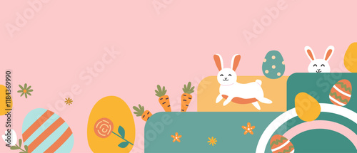 Playful easter scene with bunnies, eggs, and carrots in pastel colors.