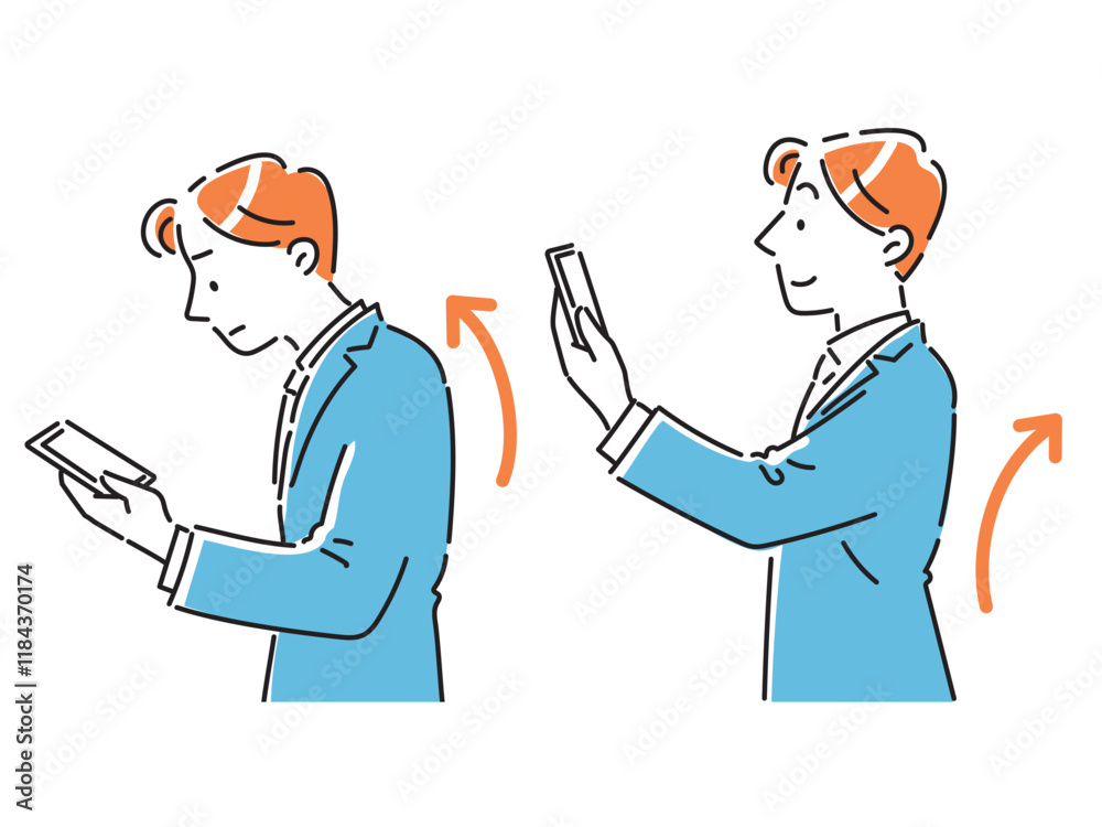 良い姿勢と悪い姿勢でスマホの画面を見る若いビジネスマン男性のイラストセット 良い姿勢と悪い姿勢でスマホの画面を見る若いビジネスマン男性のイラストセット