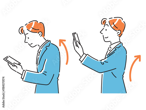 良い姿勢と悪い姿勢でスマホの画面を見る若いビジネスマン男性のイラストセット