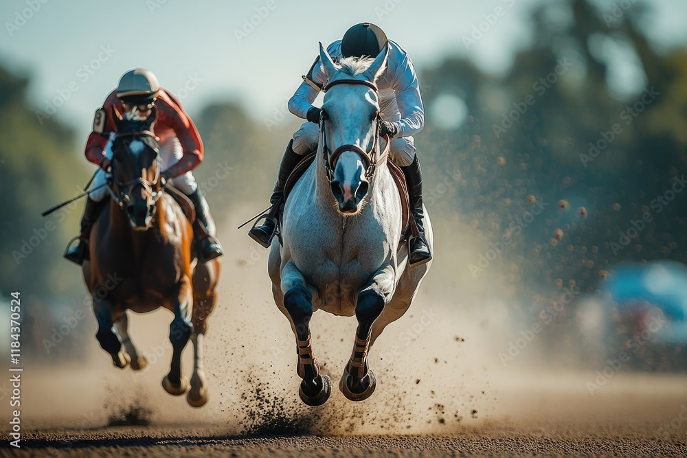 Naklejka premium A horse overtaking another in a dramatic photo finish during a high-stakes equestrian race, dust rising in the background,copy space background