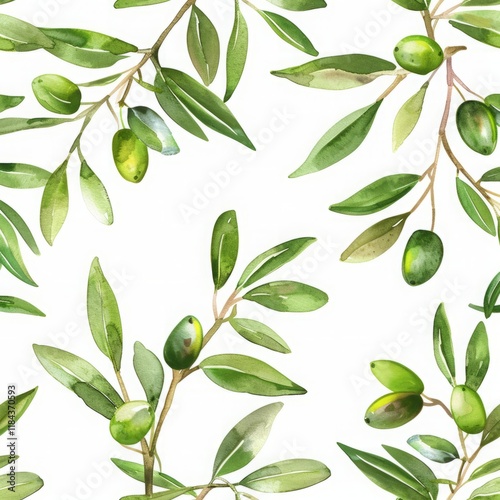 Wallpaper Mural Seamless kids pattern with watercolor olive branch drawing pattern on white background Torontodigital.ca