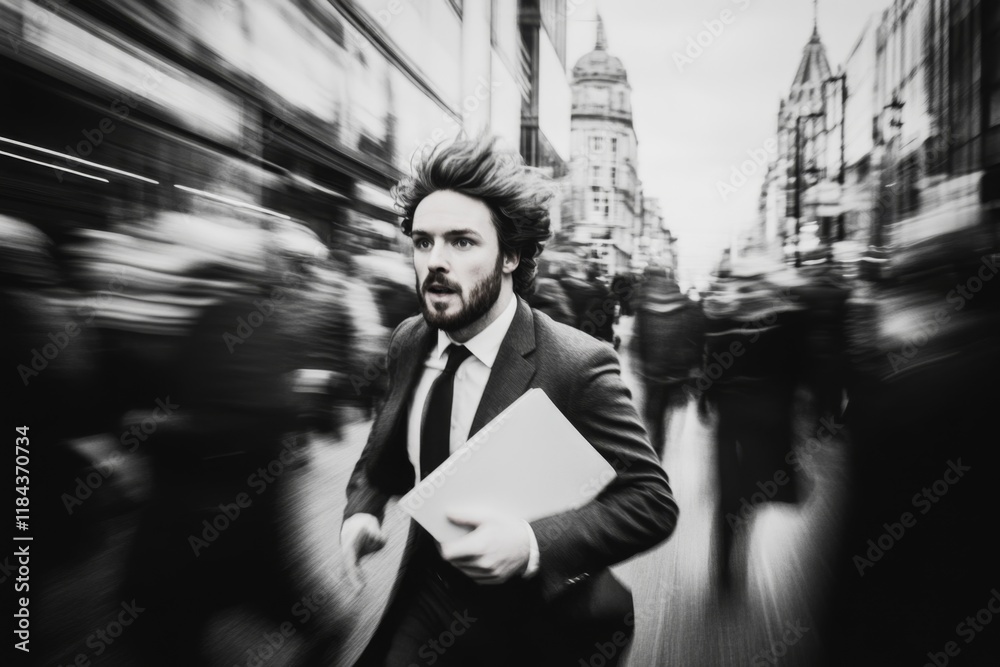 Fototapeta premium A man running through a crowded street, holding a folder tightly, with a look of urgency on his face