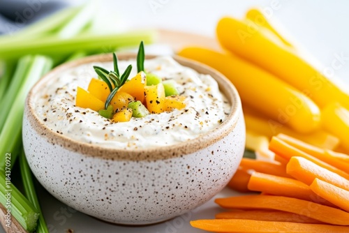 A vibrant tzatziki dip board featuring fresh veggies like carrots, bell peppers, and celery for dipping photo