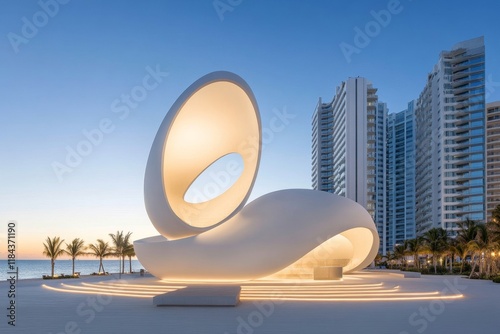 A minimalist depiction of La Mano sculpture in Punta del Este, with clean lines and soft gradients of beige sand and blue sky on a white background