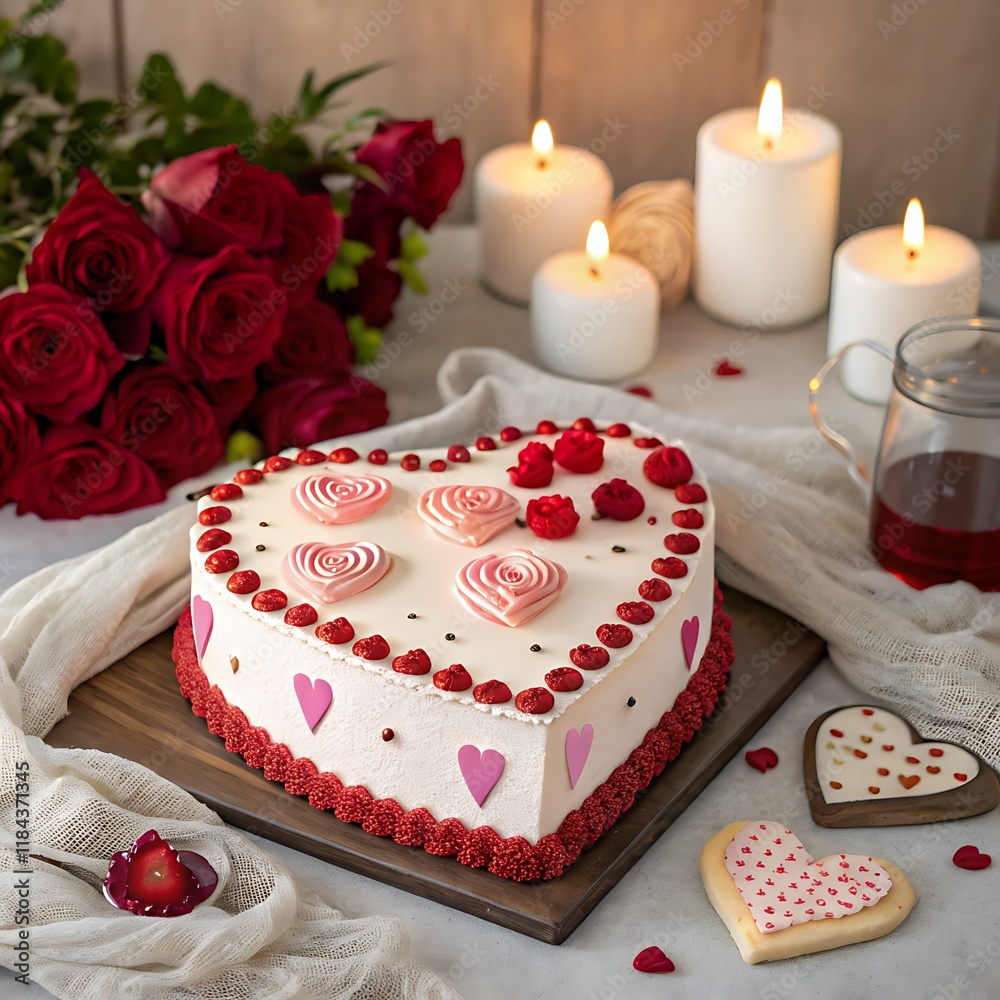 Naklejka premium heart shaped cake with rose petals on valentine's day celebration 