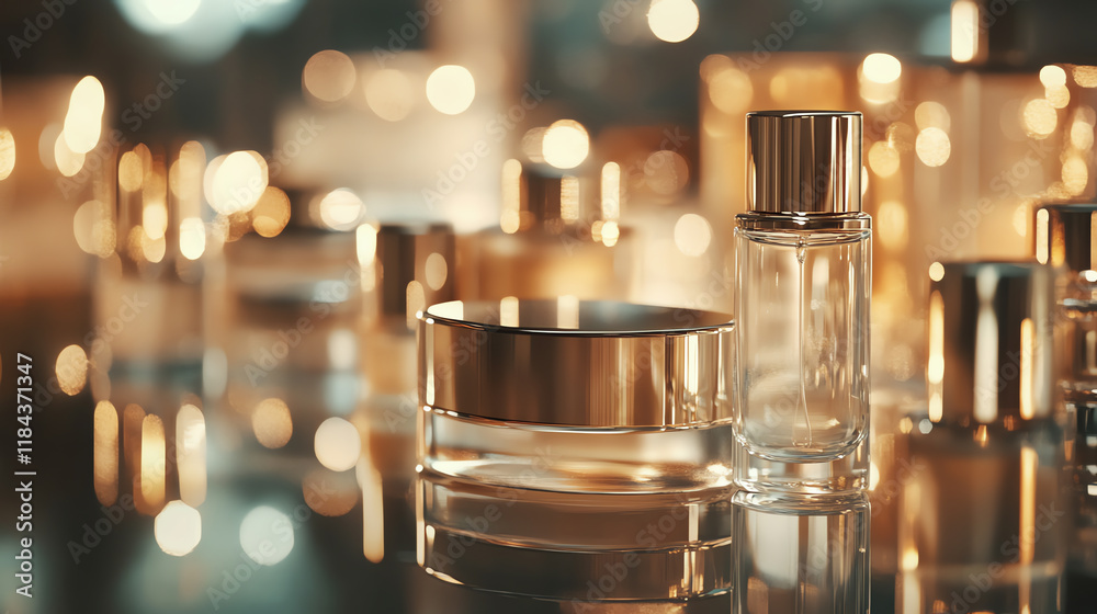 Cosmetic bottles with golden bokeh lights on reflective surface. Ideal for luxury skincare, premium beauty products, and high-end cosmetics display. Cosmetic bottles with golden bokeh lights on reflective surface. Ideal for luxury skincare, premium beauty products, and high-end cosmetics display.