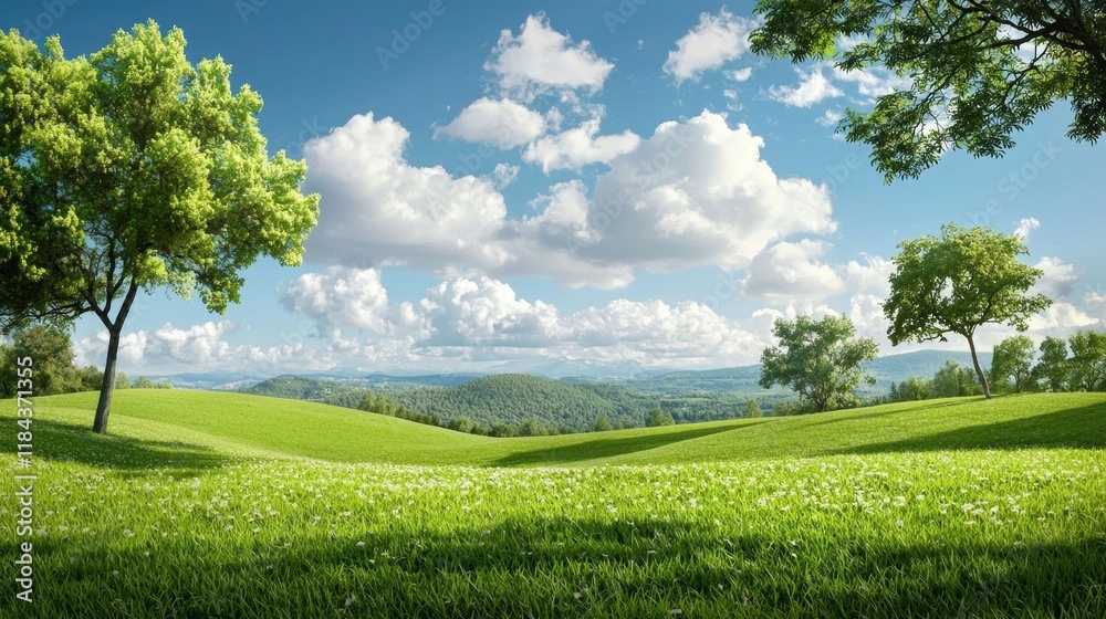 Lush Green Landscape Under Blue Sky with Fluffy Clouds, Rolling Hills and Vibrant Grass for Nature Lovers and Outdoor Enthusiasts Seeking Serenity and Beauty in Nature Lush Green Landscape Under Blue Sky with Fluffy Clouds, Rolling Hills and Vibrant Grass for Nature Lovers and Outdoor Enthusiasts Seeking Serenity and Beauty in Nature