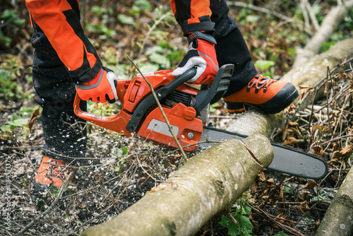Man holding a chainsaw and cut trees. Lumberjack at work wears orange personal protective equipment. Gardener working outdoor in the forest. Security professionalism occupation forestry worker concept