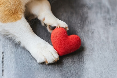 A cute dog's paw gently holds a red felt heart on a textured surface, symbolizing love and affection.