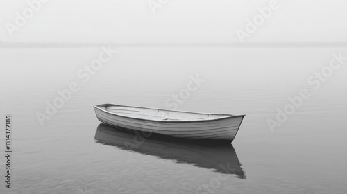Solitary rowboat on calm, foggy water, reflecting serenity.