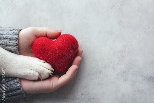 A cozy hand holds a red heart while a dog's paw rests gently on it, symbolizing love and companionship.