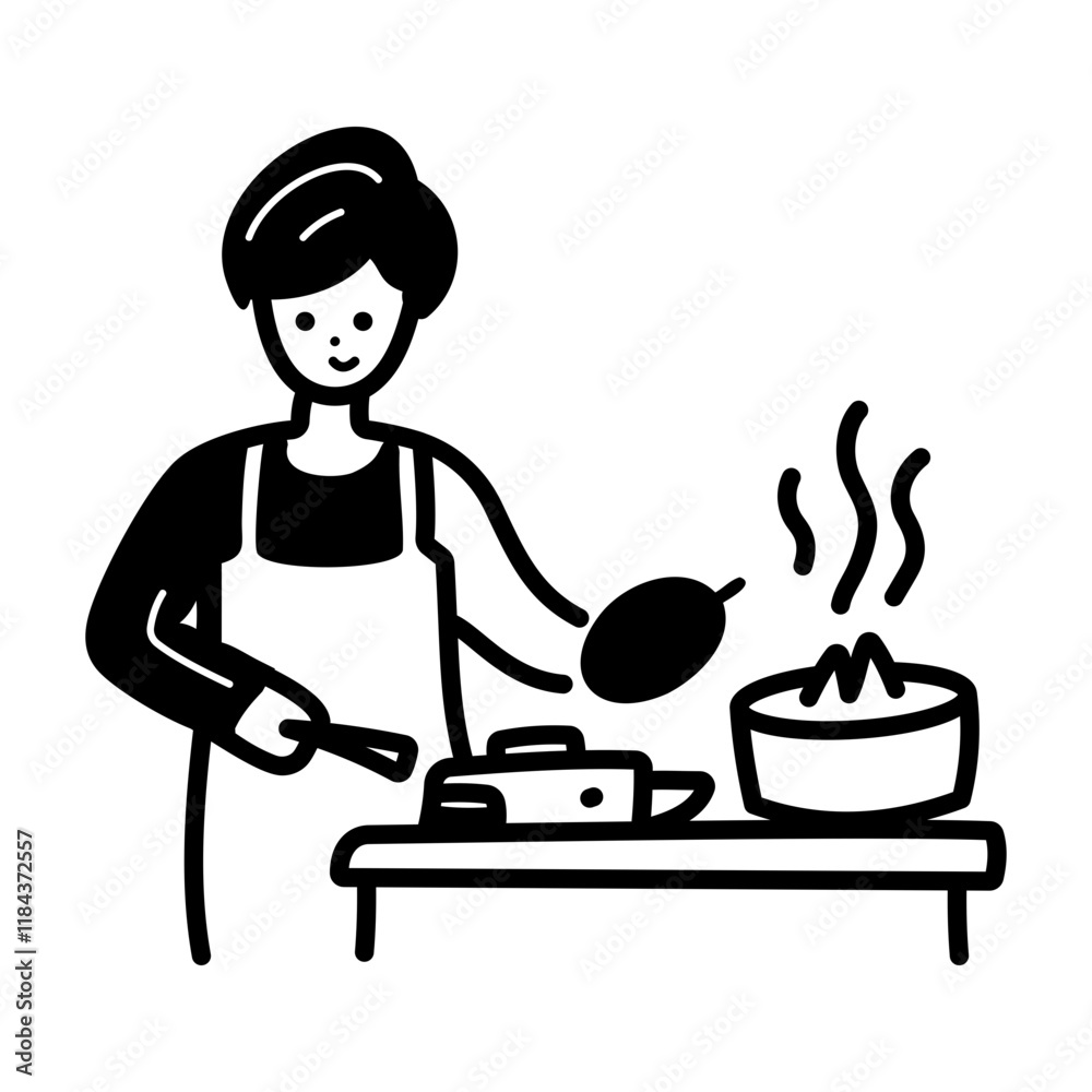 A hand drawn icon of a woman cooking food in kitchen A hand drawn icon of a woman cooking food in kitchen