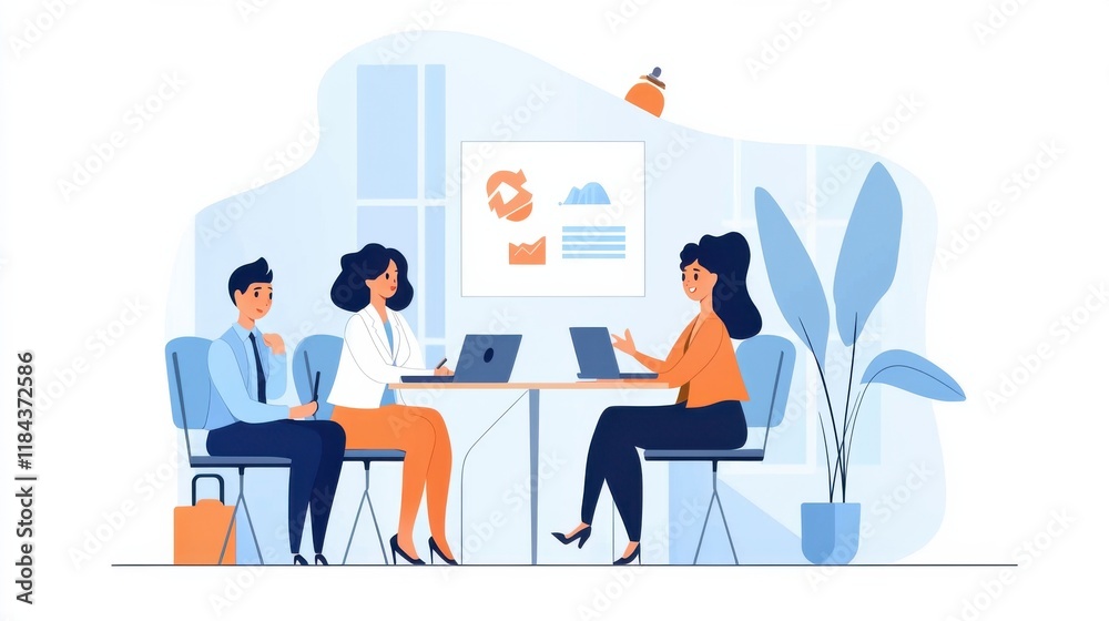 Coworkers Discussing Business Strategy in Modern Office with Laptop Coworkers Discussing Business Strategy in Modern Office with Laptop
