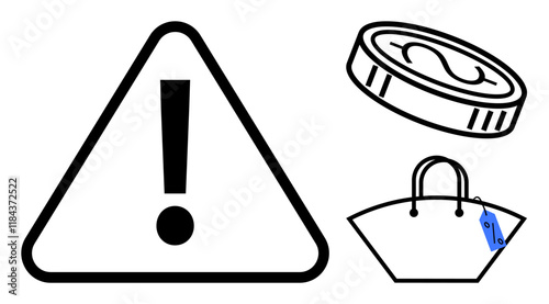 Large triangular warning sign with exclamation mark, coin above the sign, and shopping bag with a price tag. Ideal for safety, caution, risk management, financial awareness, shopping, consumerism