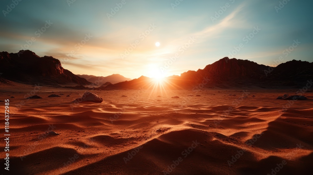 Naklejka premium A captivating desert scene captures the beauty of sunset over rocky terrain, with vibrant colors and dramatic lighting enhancing the natural shapes of the landscape.