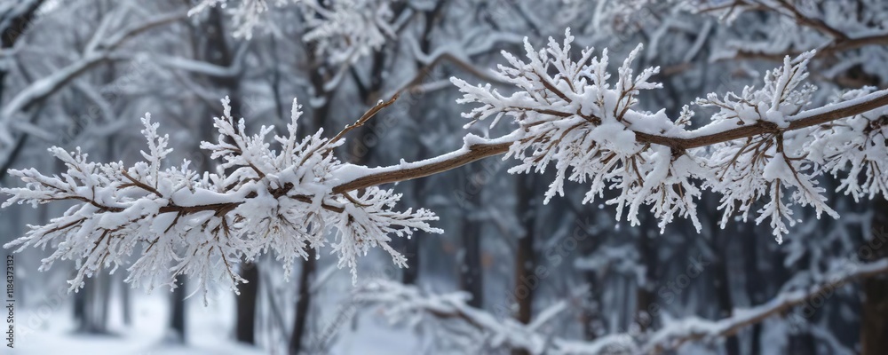 A snow-covered tree branch with delicate snowflakes hanging from it, peaceful atmosphere, frosty morning, wintery charm A snow-covered tree branch with delicate snowflakes hanging from it, peaceful atmosphere, frosty morning, wintery charm