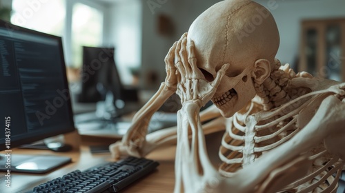 A skeleton depicting frustration while sitting at a desk full of technology, symbolizing common workplace stress and the humorous side of modern life in a relatable manner. photo