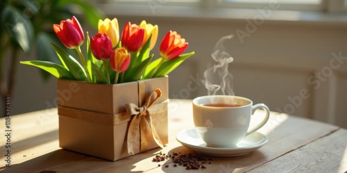 A gift box of vibrant tulips and a steaming cup of tea on a wooden table bathed in sunlight