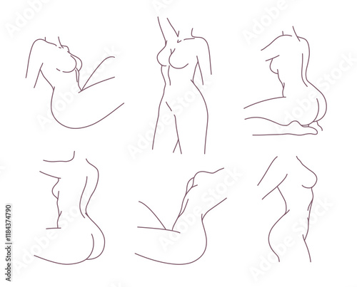 Beautiful minimalist line set of women body silhouette art. Simple female naked figure. Abstract nude sensual concept. Linear design for print, poster, card, banner, cover, social media template