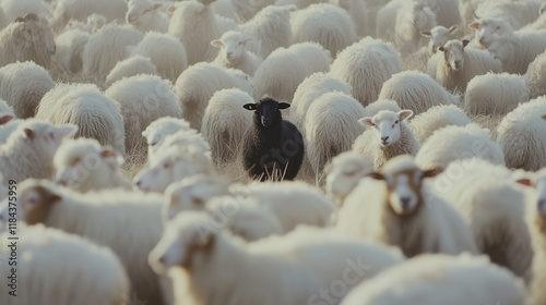 Cartoon black sheep in a group of white sheep. Concept of fearlessness and individuality.