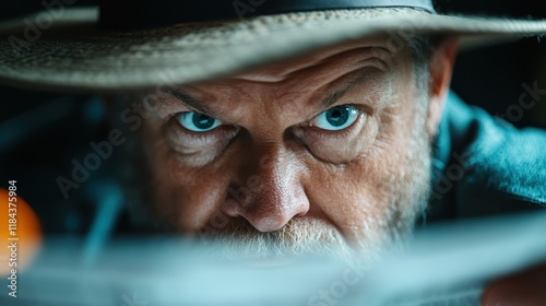 A close-up of a bearded man wearing a hat, displaying an intense gaze that conveys determination and focus, set against a blurred background capturing his emotions. photo