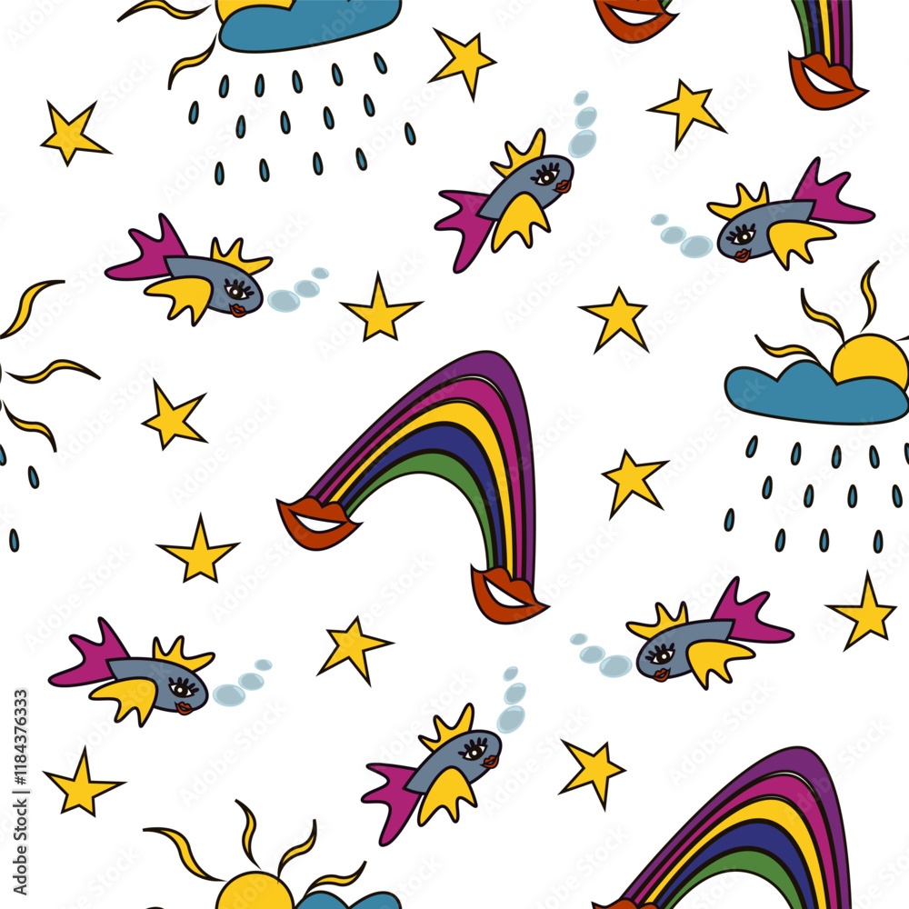 Obraz premium Surreal abstract seamless pattern. Psychedelic fish, stars, rainbows with lips, sun and rain. 