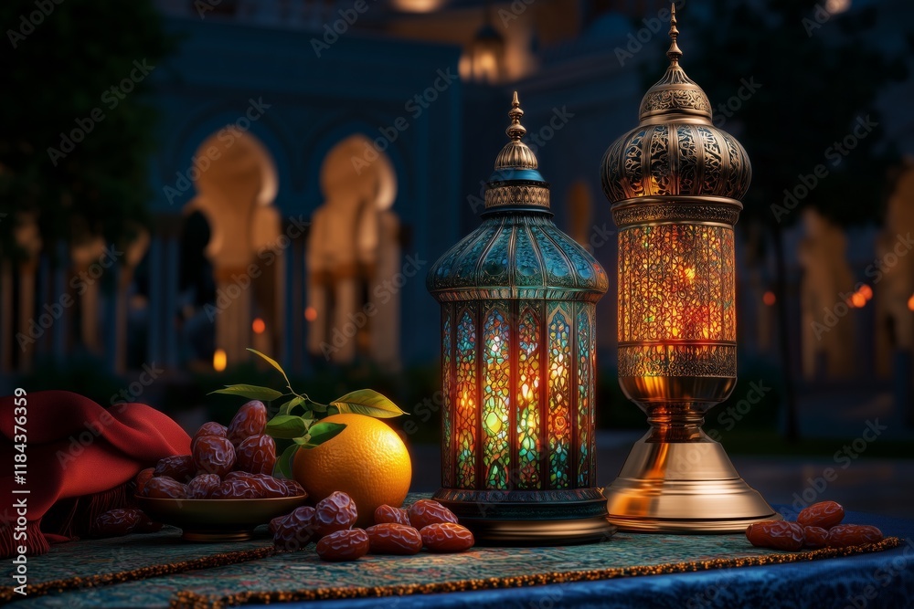 Obraz premium Ramadan Iftar concept. Lantern with arabian lamp, dates fruit, juice, aple