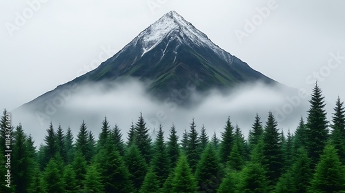 Majestic Snow-Capped Peak: Serene Mountain Landscape in Misty Forest photo