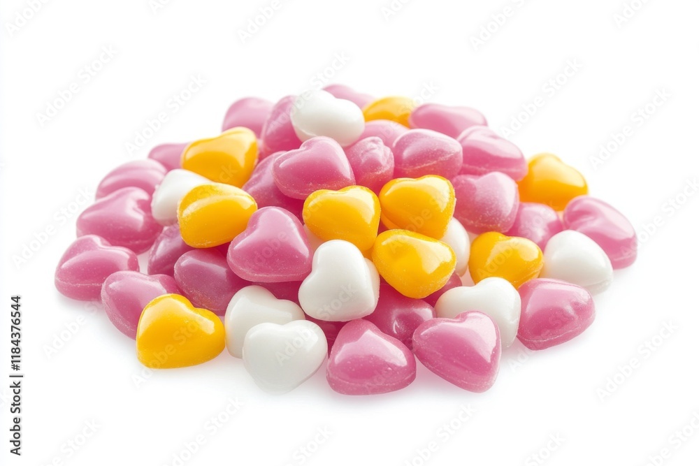 Pile of pink, yellow, and white heart-shaped candies on white background. Sweet Valentine's Day treat. Pile of pink, yellow, and white heart-shaped candies on white background. Sweet Valentine's Day treat.