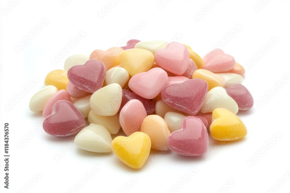 Pile of pink, yellow, and white heart-shaped candies on white background. Sweet Valentine's Day treat. Pile of pink, yellow, and white heart-shaped candies on white background. Sweet Valentine's Day treat.