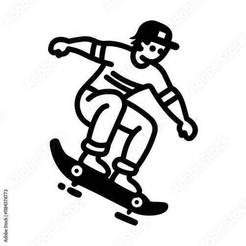 A hand drawn icon of a person skateboarding on board