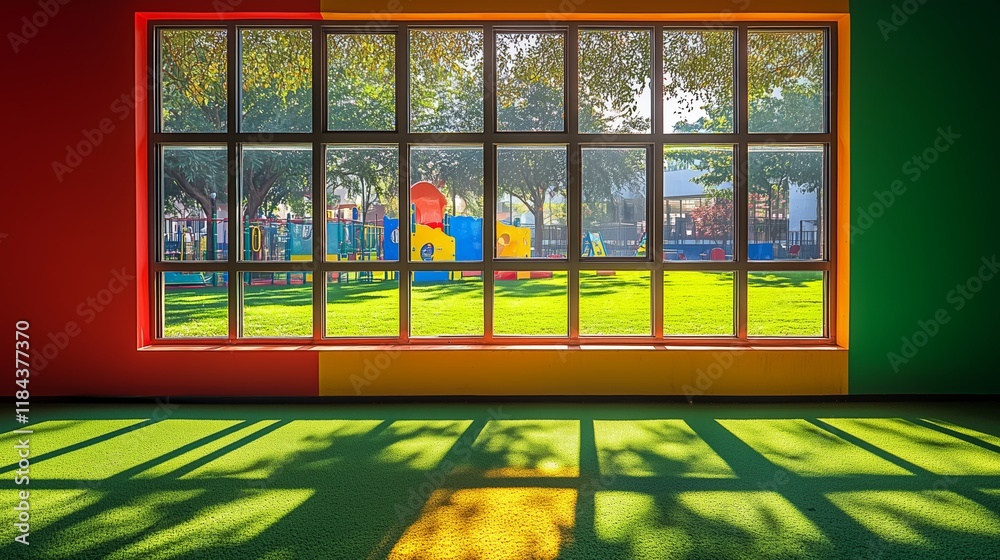 Bright Playroom with Colorful Walls and View of Outdoor Playground Bright Playroom with Colorful Walls and View of Outdoor Playground