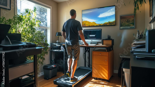 Caucasian Man Walking on a Treadmill Desk in a Modern Home Office. Healthy Remote Working