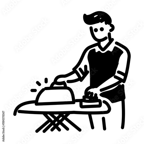 A person ironing clothes, hand drawn icon