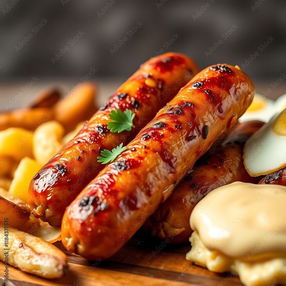Grilled sausages, potatoes, egg, and sauce on a wooden board. Grilled sausages, potatoes, egg, and sauce on a wooden board.